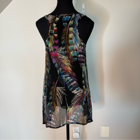 LOVELYGIRL COLLECTION Sheer Tank Top Black Multicolour Feather Pattern Racerback - Picture 8 of 10